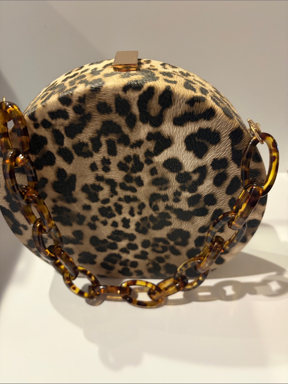 Leopard Print Round Mini Crossbody Bag with Tortoiseshell Chain